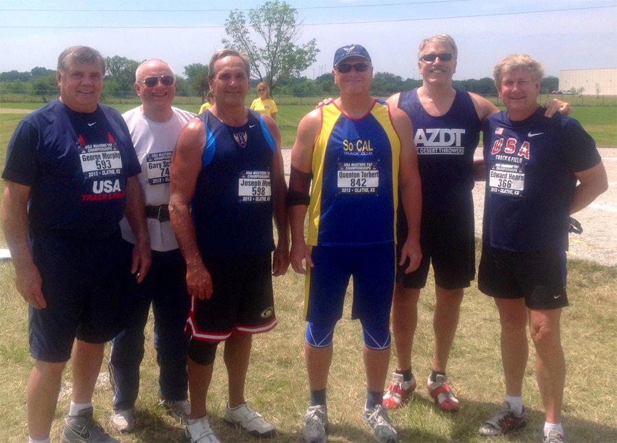 Doug wears SoCal Track Club color at Olathe nationals. From left to right at the M60 shot are George Murphy, Gary Schmidt, Joe Myers, Doug, Tim Muller and Ed Hearn.