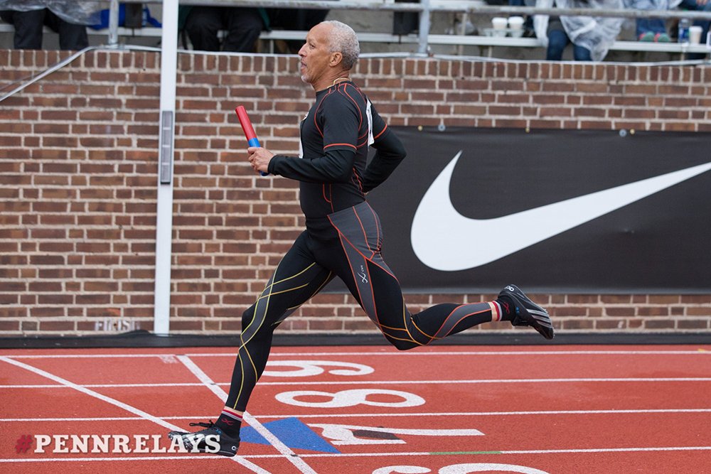 Bill Collins wore a speed suit to stay warm at Penn in M60-plus 4x100.