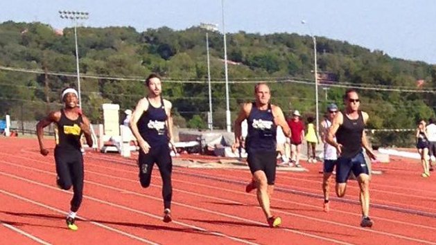 Third from left, Dave holds off the kiddies at Texas decathlon.