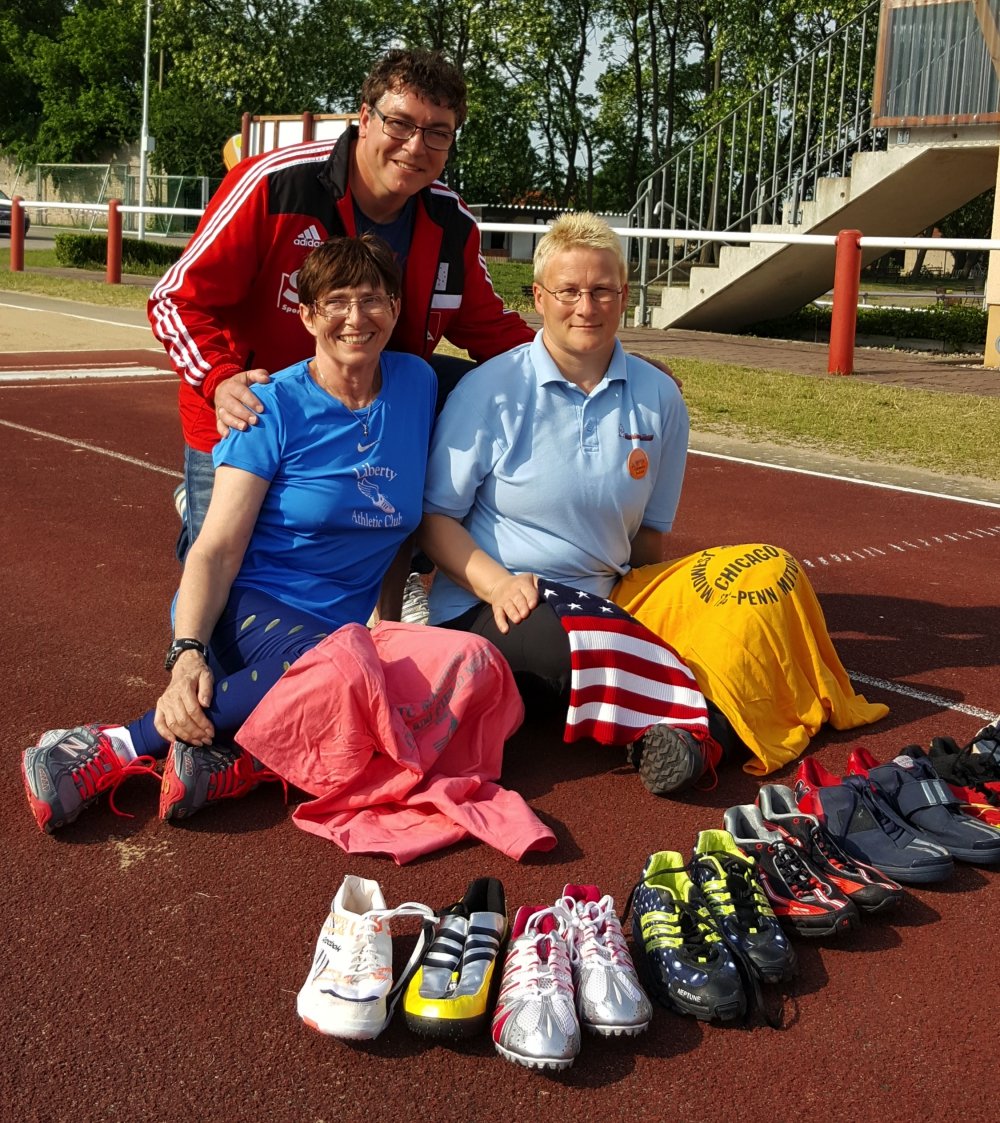 From left are Phil, club president Peter Ludwig and Conny Gebert, announcer and stat maven.
