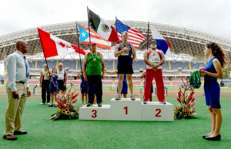 Ed Hearn hears national anthem at Costa Rica stadium at WMA regionals.