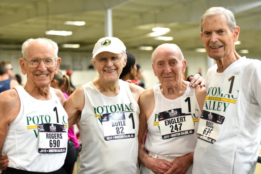 Potomac Valley TC foursome of (from left) Orville Rogers, 97; Charles Boyle, 91; Roy Englert, 92; and Charles Ross, 92, became the first over-90 relay team in indoor history. Potomac Valley Track Club - A