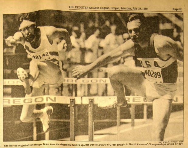 Rex (right) leads his hurdle race in WR decathlon. Click for story on fifth page.