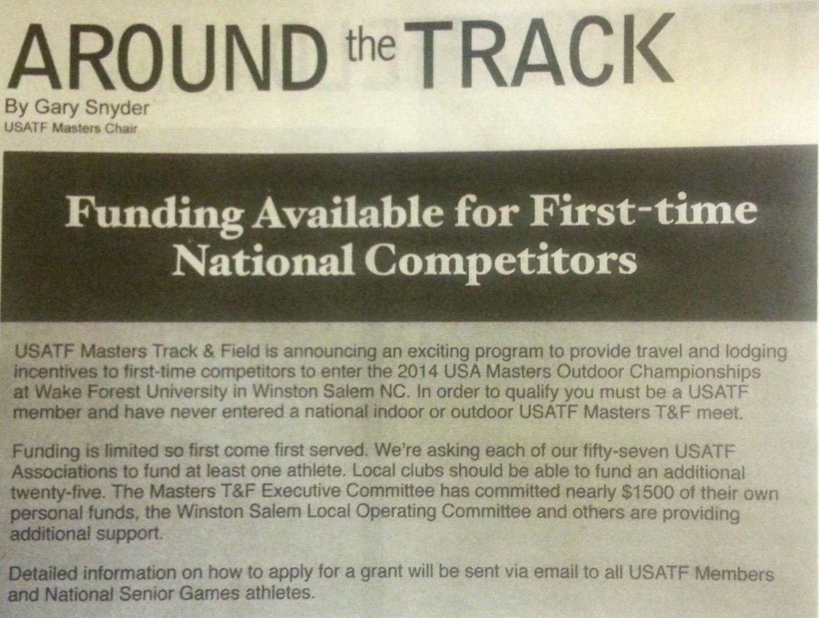 Click on the image to read Gary Snyder's offer of free travel and lodging to 2014 nationals.