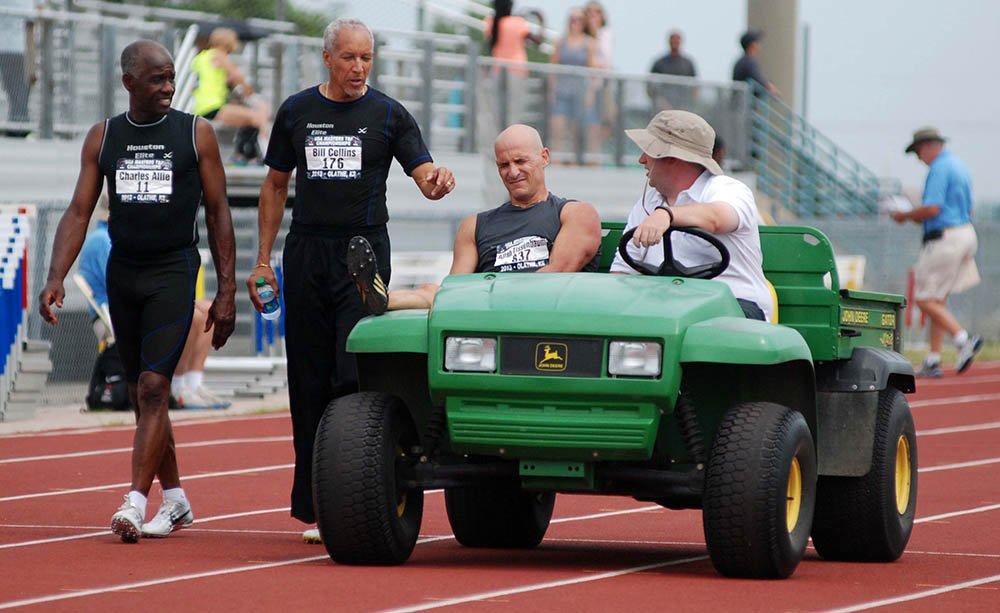 Superstar sprinters and friends Charles Allie and Bill Collins saw a grimacing Allan Tissenbaum off the track at Olathe nationals in 2013.