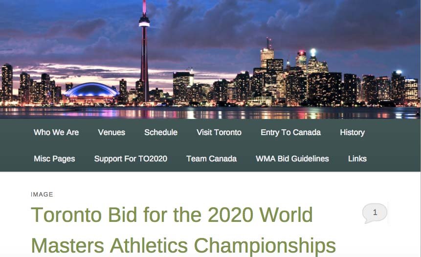 Homepage of 2020 bid site for Toronto WMA world masters outdoor championships.