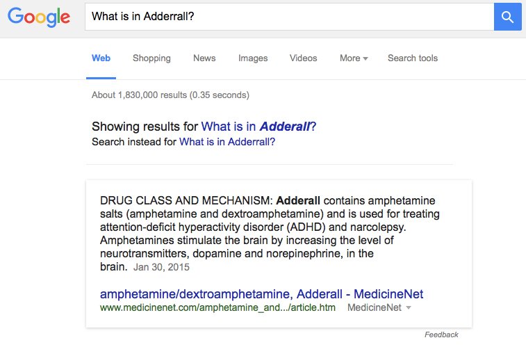 Here is what Google displays for the query: What is in Adderall?