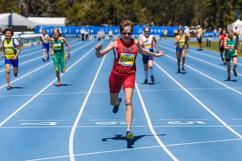 Kathy Bergen's W75 victory by 2 seconds was the biggest of the 100 finals (outside W90). Photo by Rob Jerome