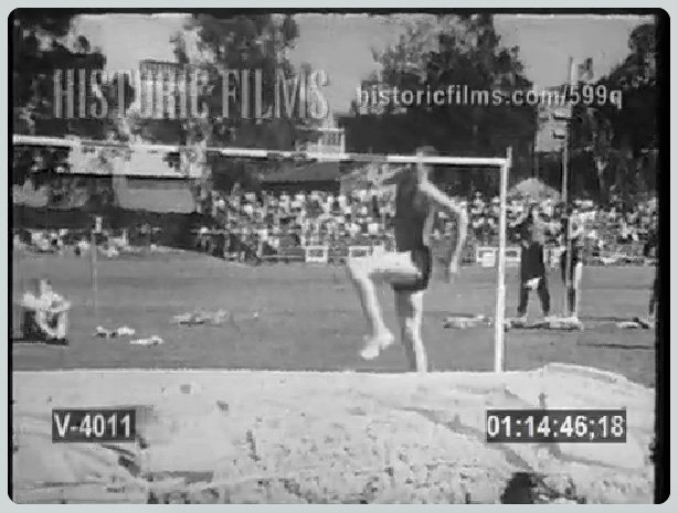 Dick Fosbury's revolutionary flop is shown several times in this video.