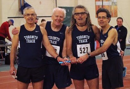 University of Toronto TC relayists from left are Peter Zowkewich, Duncan Greenshields, Doug and John 'Run Like' Helliker.