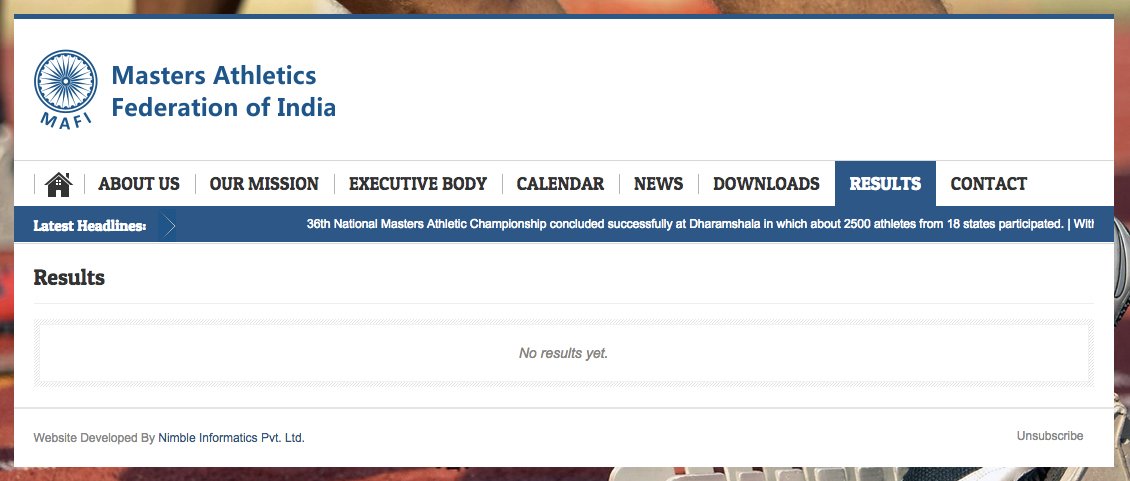 As of May 2, 2015, the WMA affiliate in India shows now results from its masters nationals.