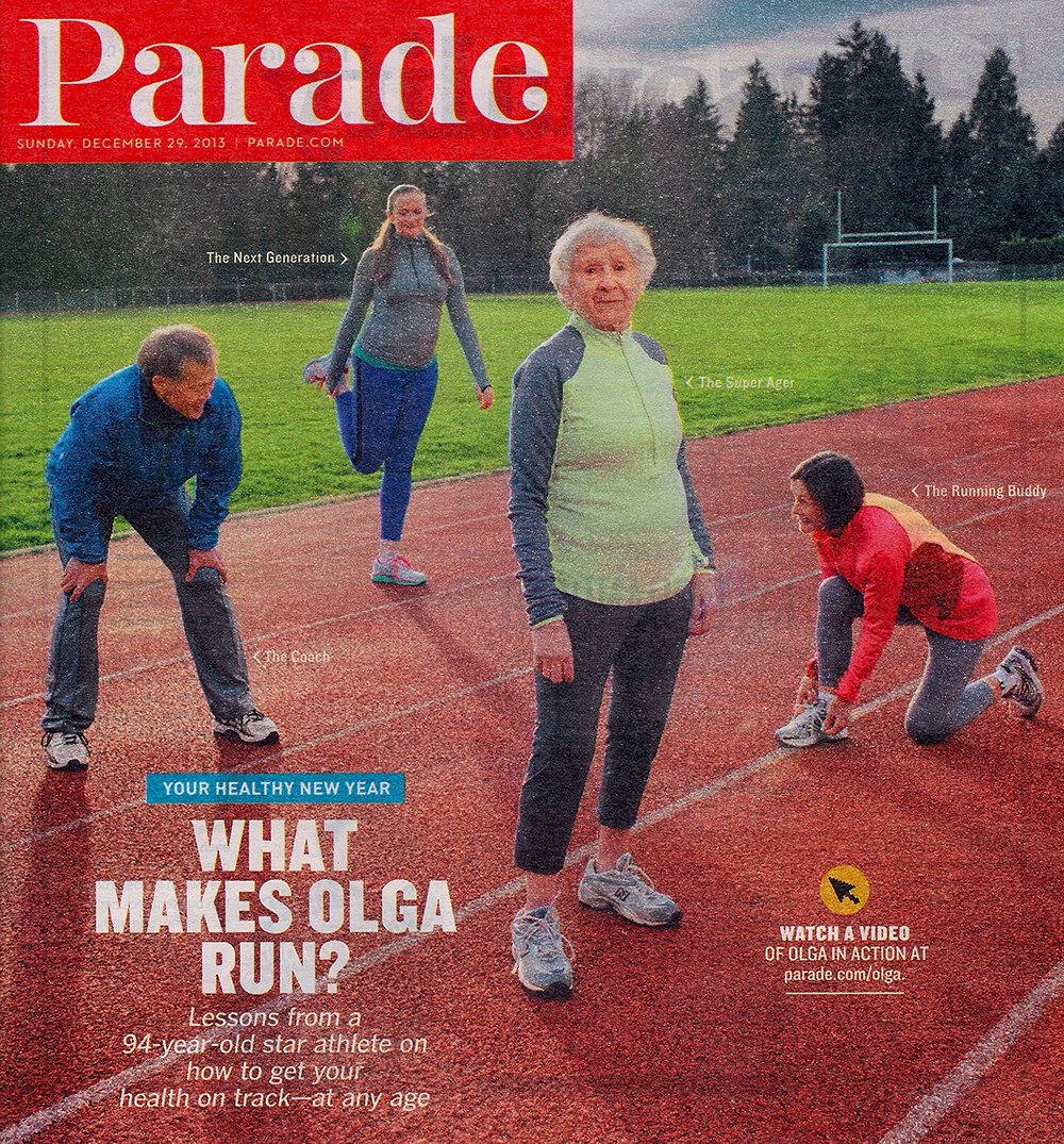 Olga is flanked by coach Harold (left), Christa (right) and granddaughter Alesa Rabson, 23.