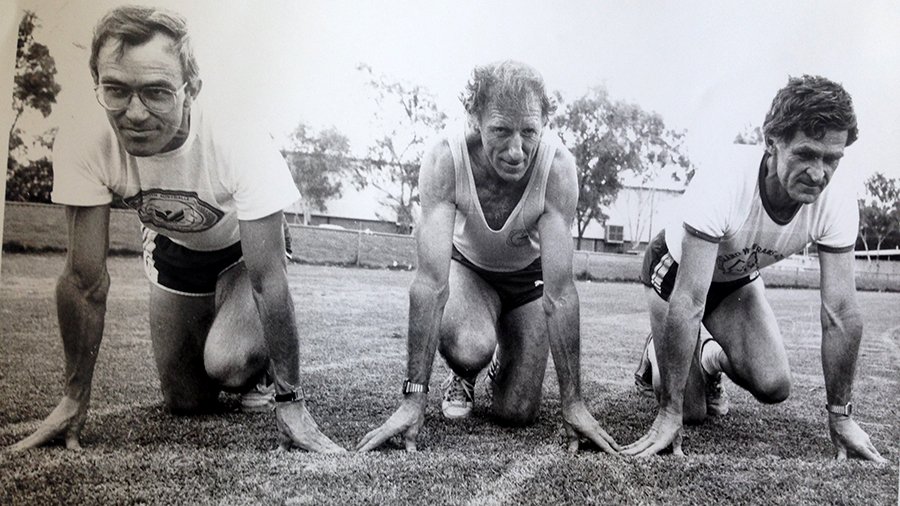 Reg with his two best mates at the time, Jim Smith and Peter. "We went to the inaugural Central Australian Masters Games in Alice Springs."