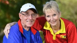 George White with sports medicine trainer (and savior) Shirley Wright.